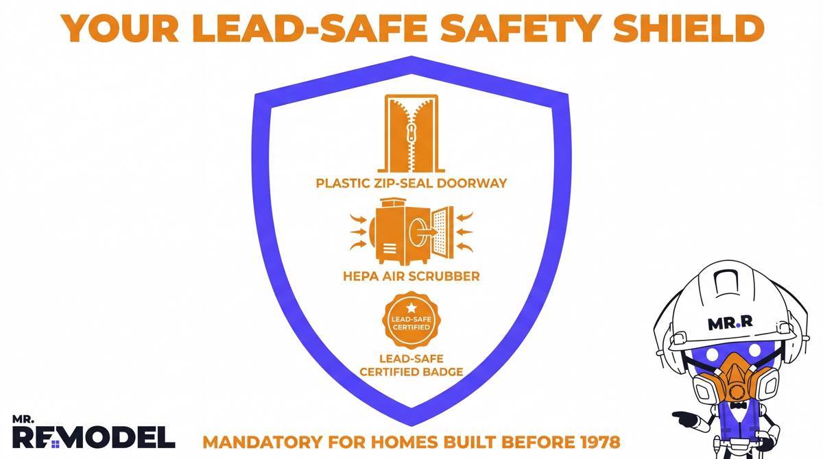 A safety infographic detailing the 2026 EPA Lead-Safe RRP protocols, including plastic containment, HEPA vacuums, and certification requirements for older home renovations.